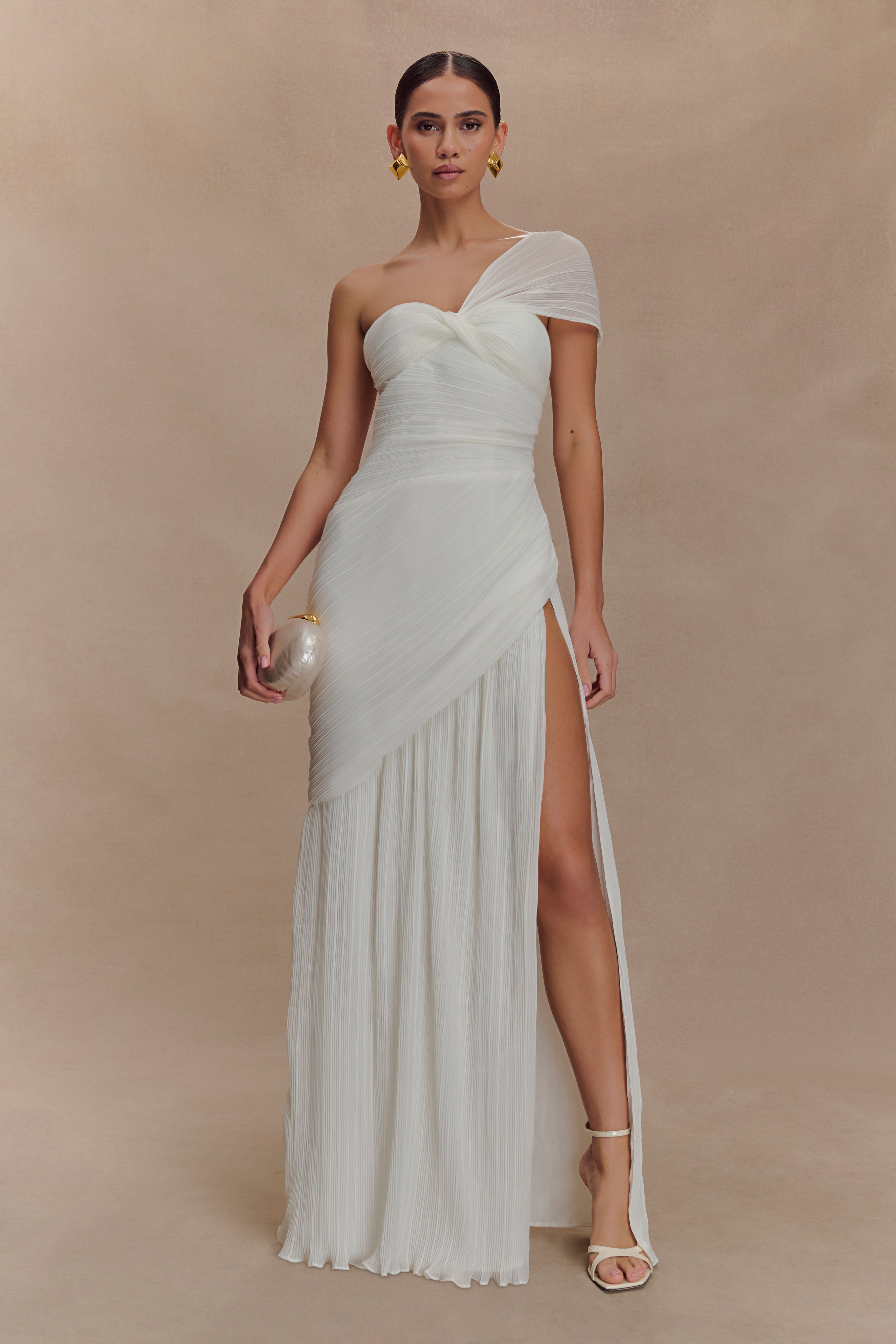 Tamara Shirred Chiffon Midi Dress - White、mySite、solidvoid