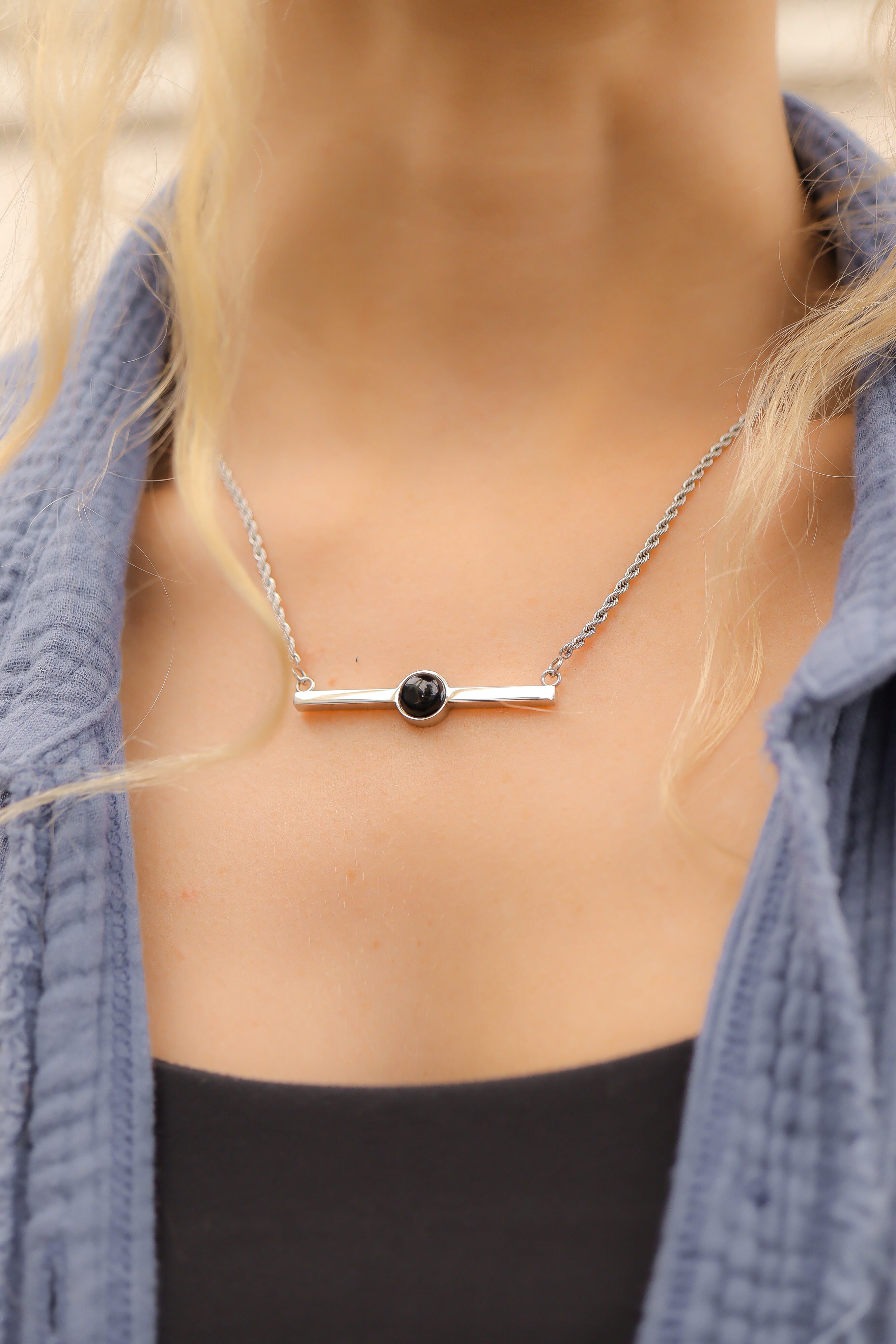 18K Gold PVD Stainless Steel Semi Precious Natural Stone Bar Necklace / CHN9965、mySite、dreamappss