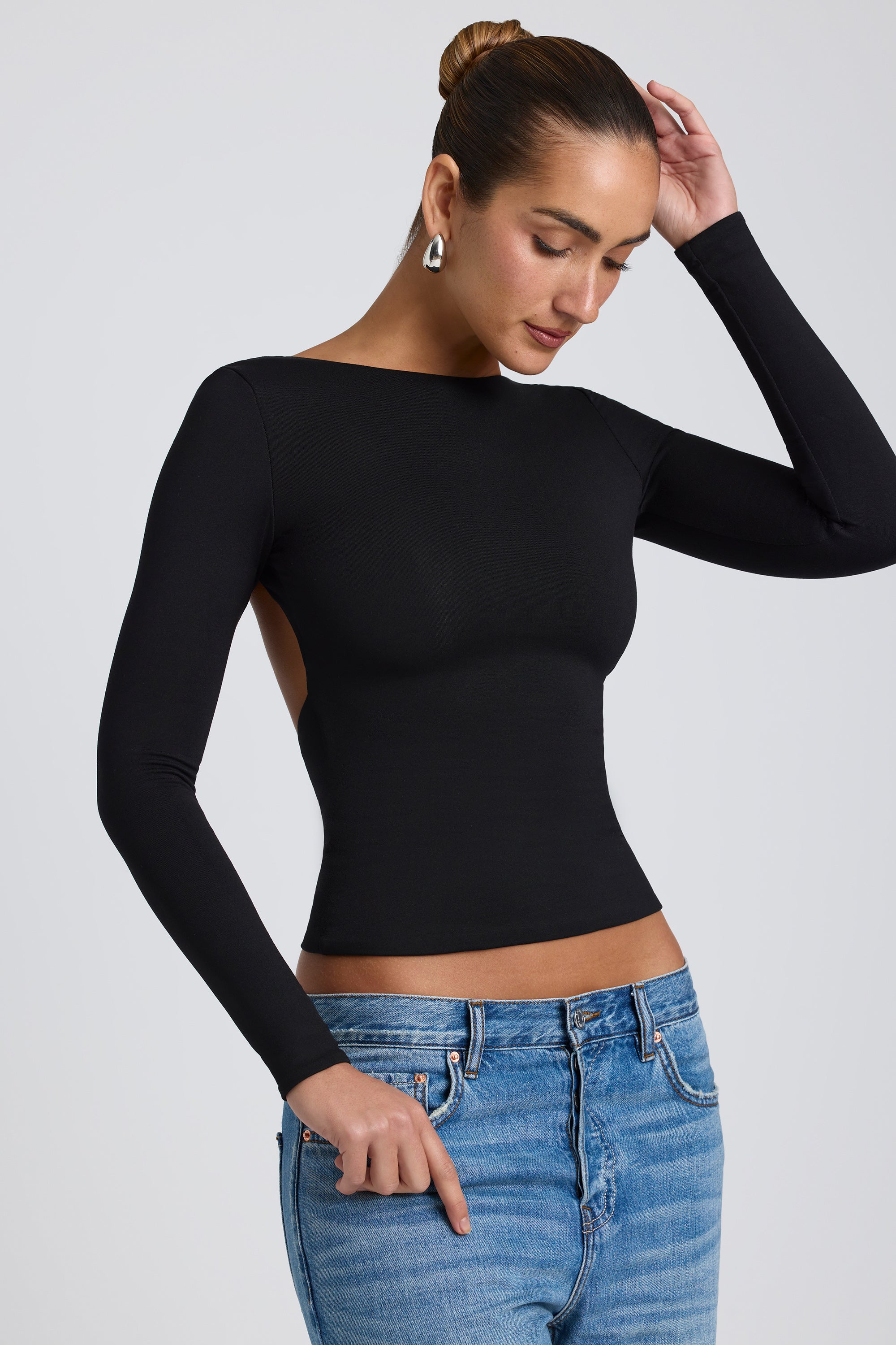 Modal High Neck Long Sleeve Open Back Top in Black、mySite、solidvoid