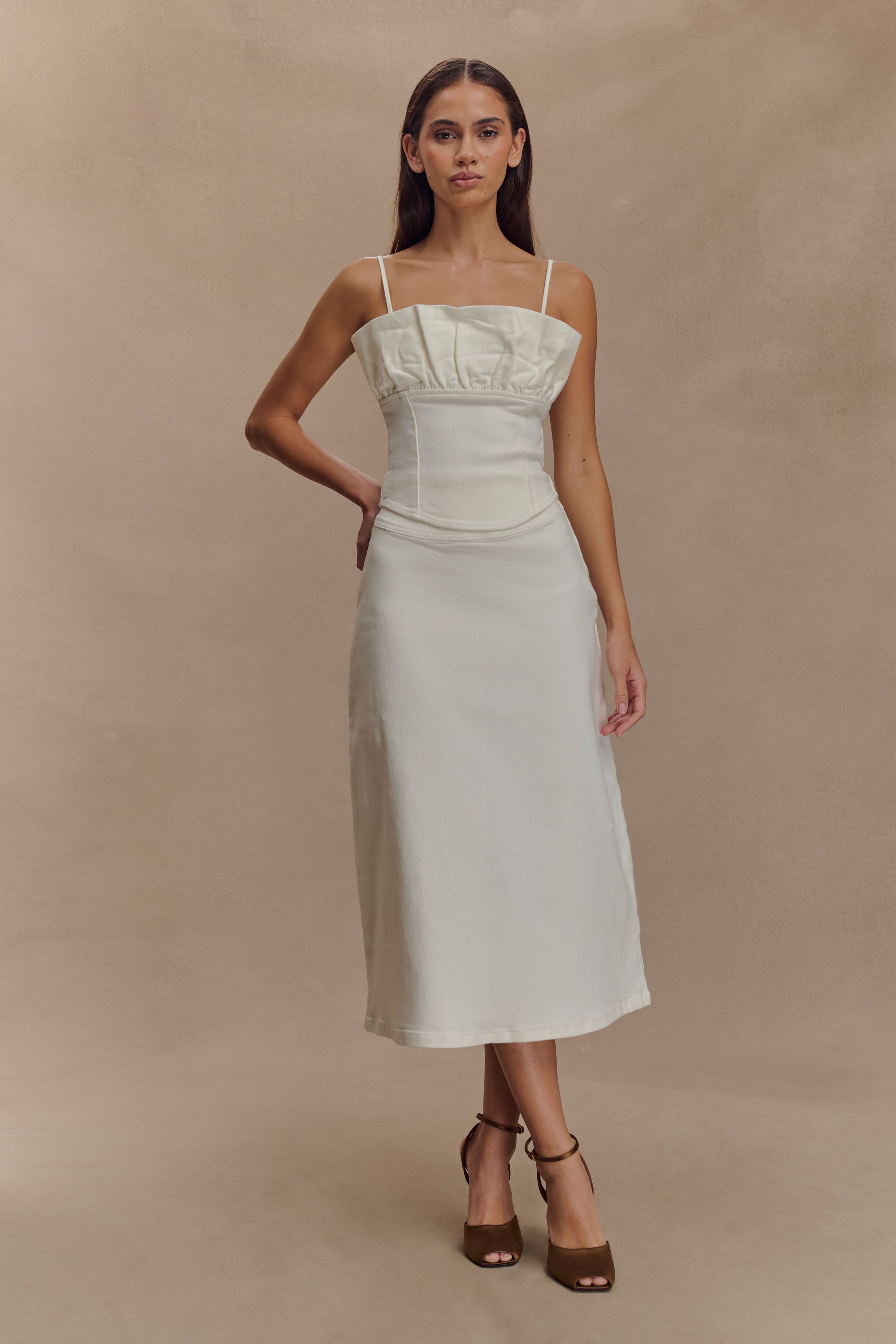 Cecilia Denim A-Line Midi Skirt - White、mySite、solidvoid