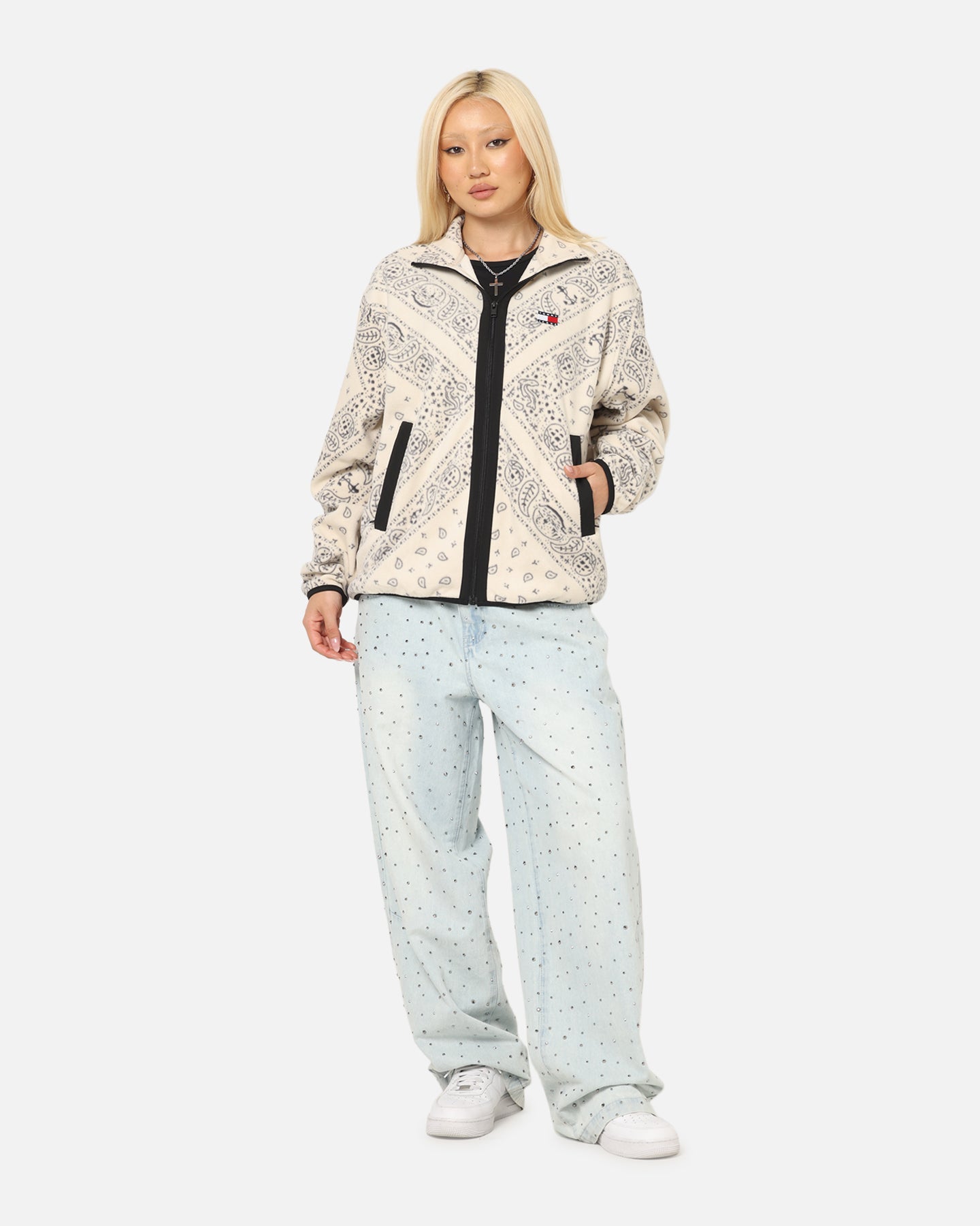 Tommy Jeans Relaxed Zip Paisley Fleece Jacket Newsprint、mySite、zt4zffjzw