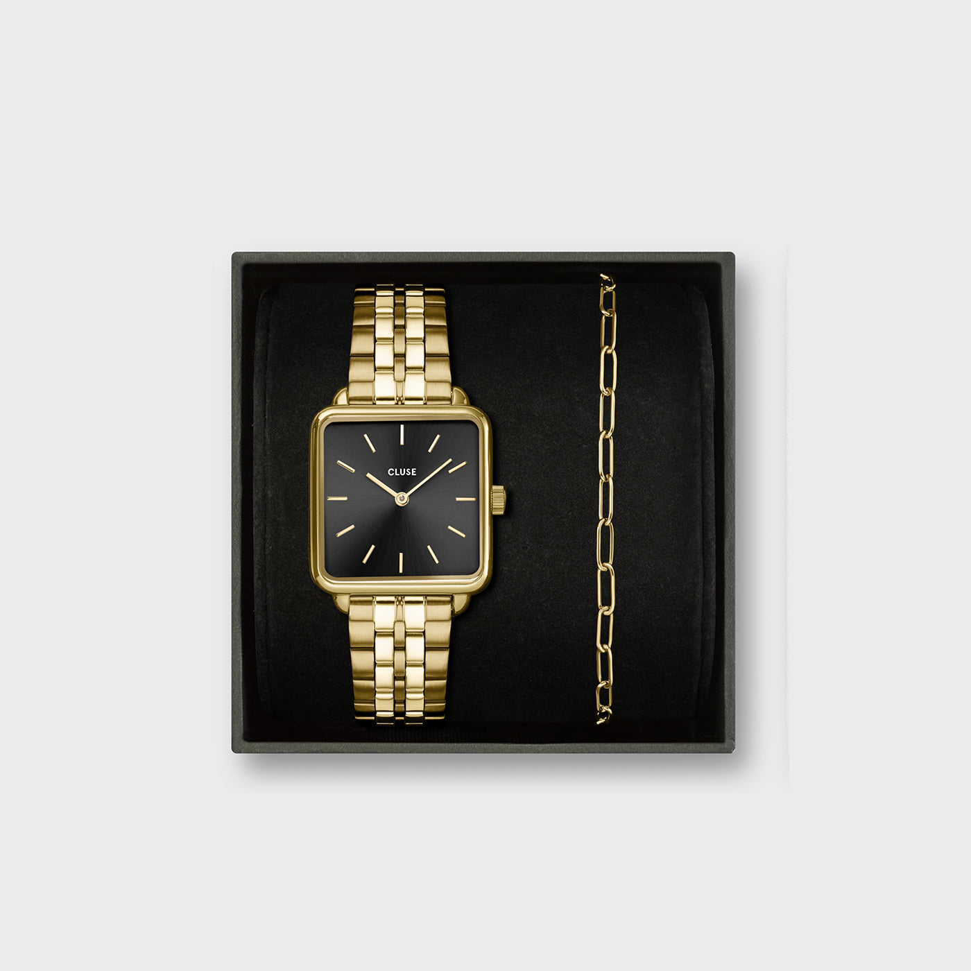  Gift Box La Tétragone Watch Steel, Black & Paperclip Chain Bracelet, Gold Colour