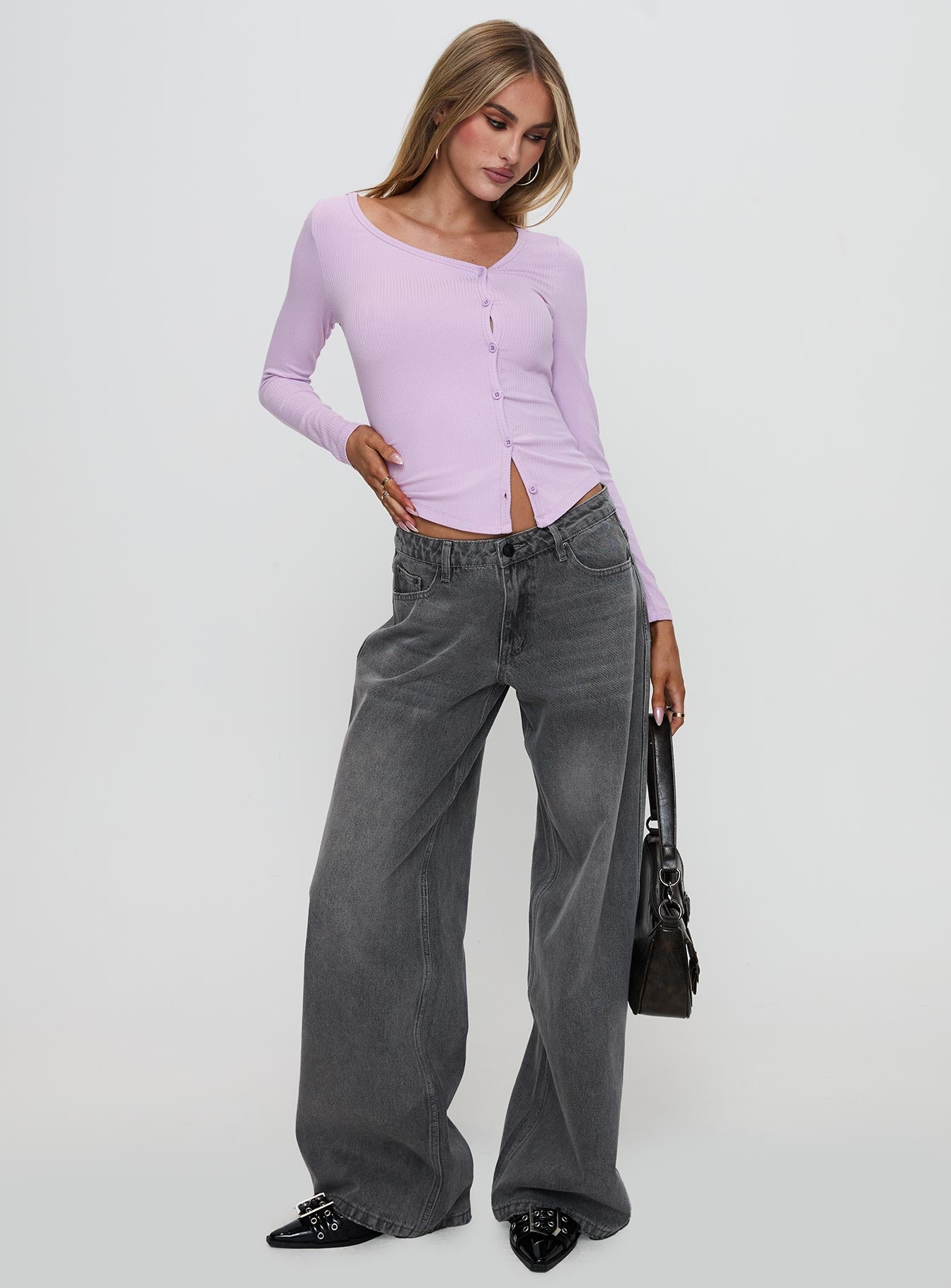 Sadira Long Sleeve Button Up Top Lilac、mySite、solidvoid