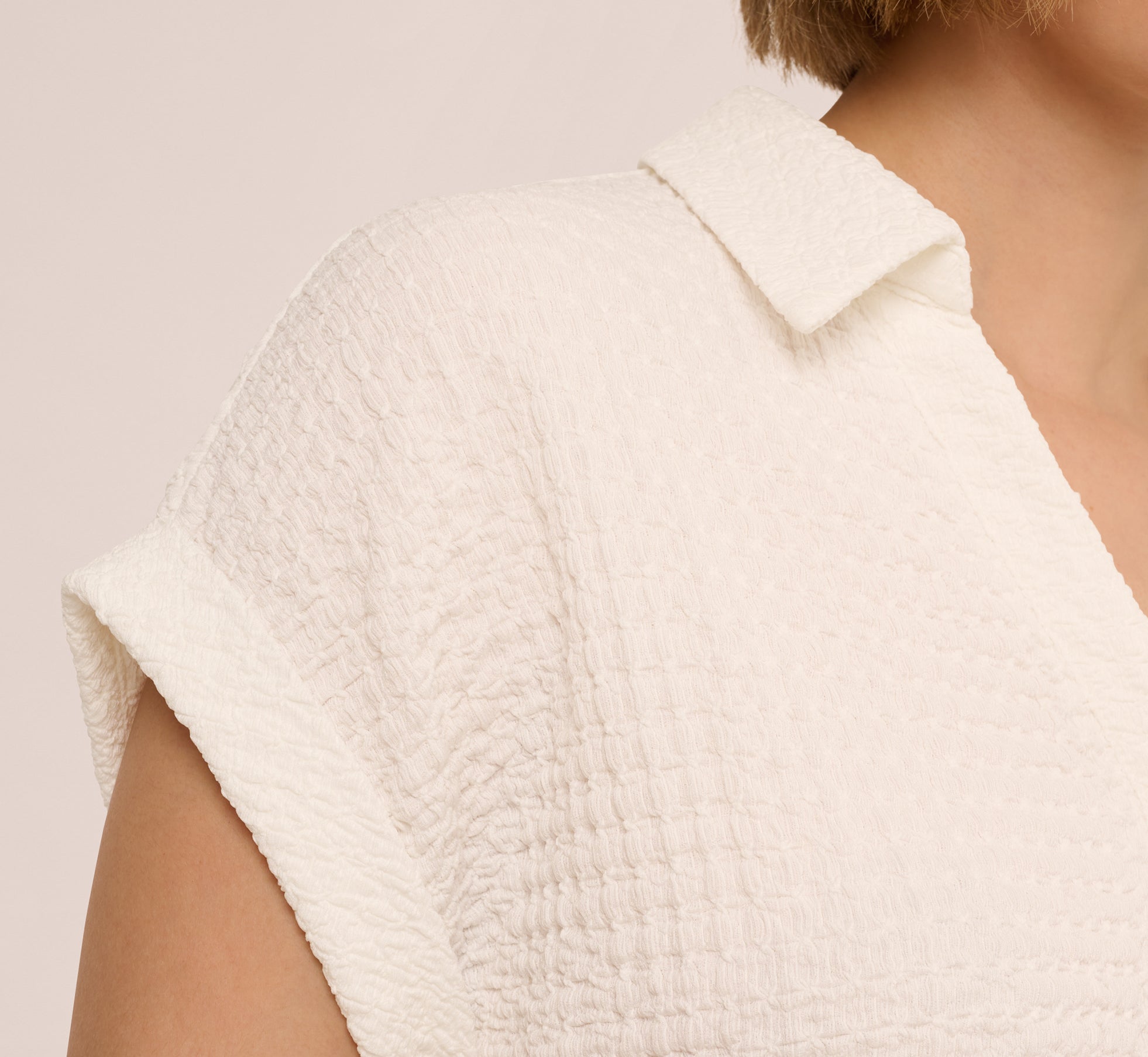 Cap Sleeve Semisheer Textured Button Front Top In Ivory、mySite、solidvoid