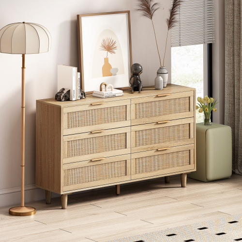 51.18"6-Drawers Rattan Storage Cabinet Rattan Drawer,for Bedroom,Living Room,Natural (Same SKU:W757P198980)、、casual