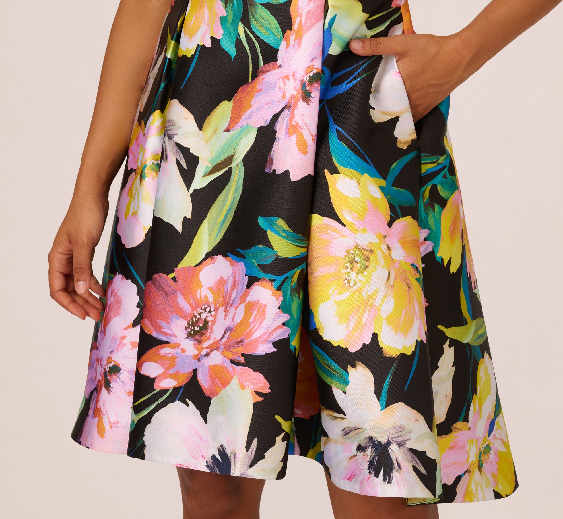 Floral Print Mikado Sleeveless Dress With High Low Skirt In Black Multi、mySite、solidvoid