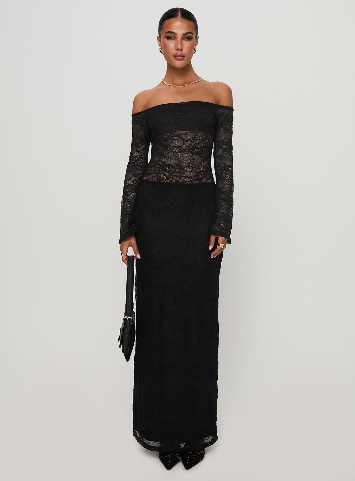 Pinot Grigio Long Sleeve Lace Maxi Dress Black、mySite、solidvoid