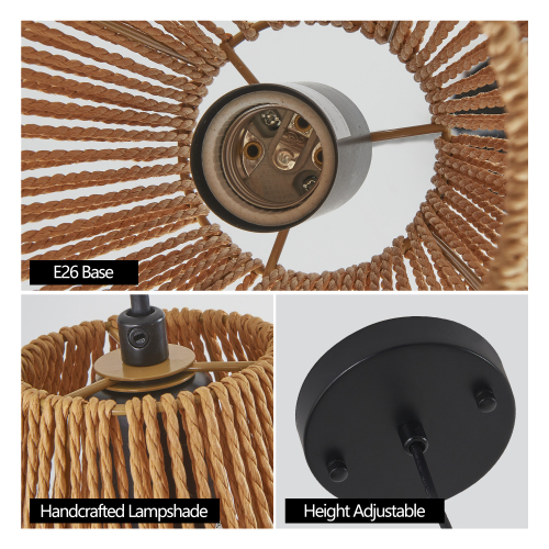 17" Boho Hemp Rope Pendant Light, Handcrafted Farmhouse Hanging Light Fixture for Kitchen Island, Dining Room, or Bedroom, Natural Finish, Adjustable Height (Bulb Not Included)、、eastwooduniform