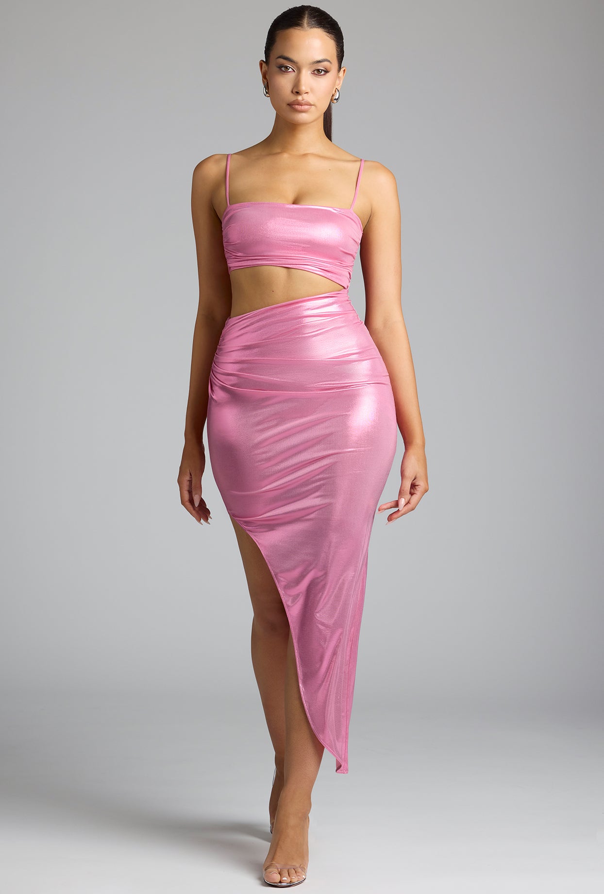 Draped Metallic Jersey Maxi Dress in Rose Pink、mySite、solidvoid