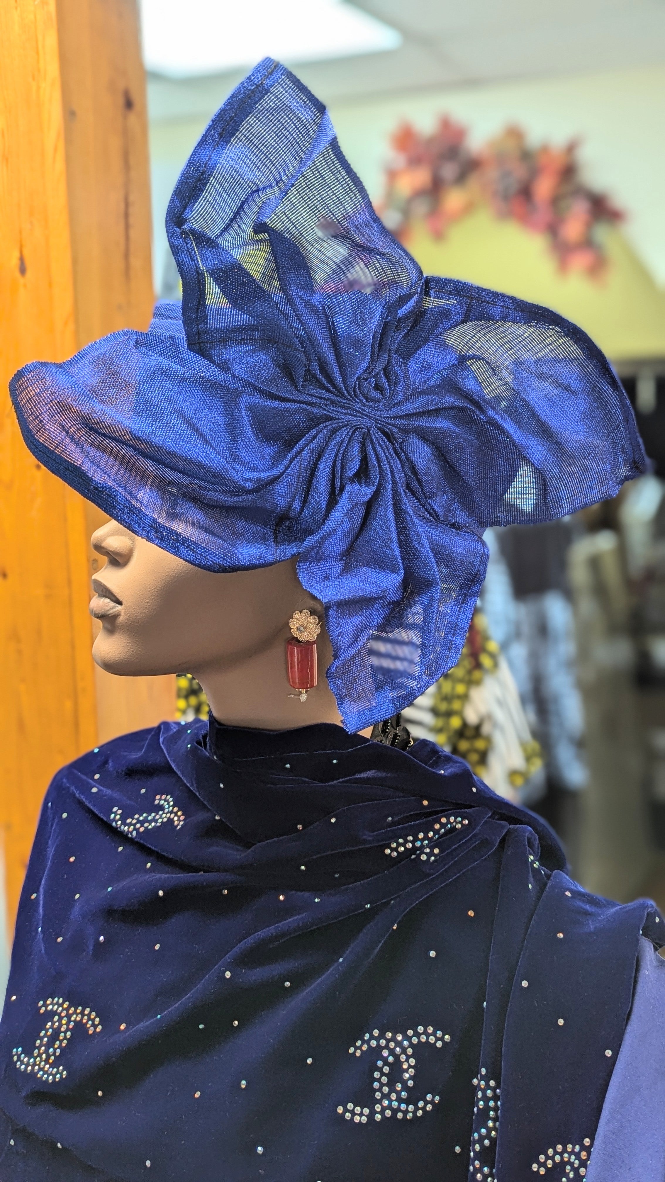 Dupsie's Exquisite Emotan Royal-Blue Aso Oke Autogele Ready Gele Aso Oke head wrap crown hat with Large Bow DPAGRBWLB2、mySite、solidvoid