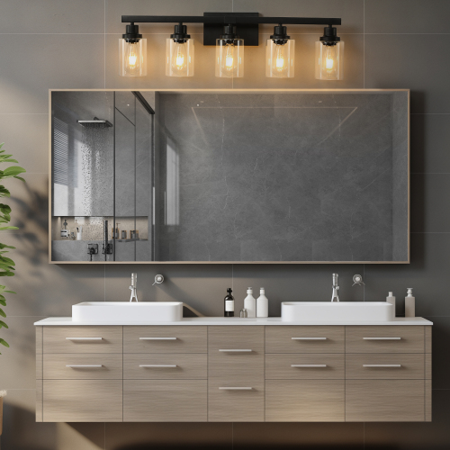 (Same as W1340P197620/L001010-B4) 24" Modern Black 4-Light Bathroom Vanity Light Fixture, Industrial Wall Sconce with Clear Glass Shades for Mirror, Bathroom, Bedroom, and Hallway (No Bulbs)、、eastwooduniform