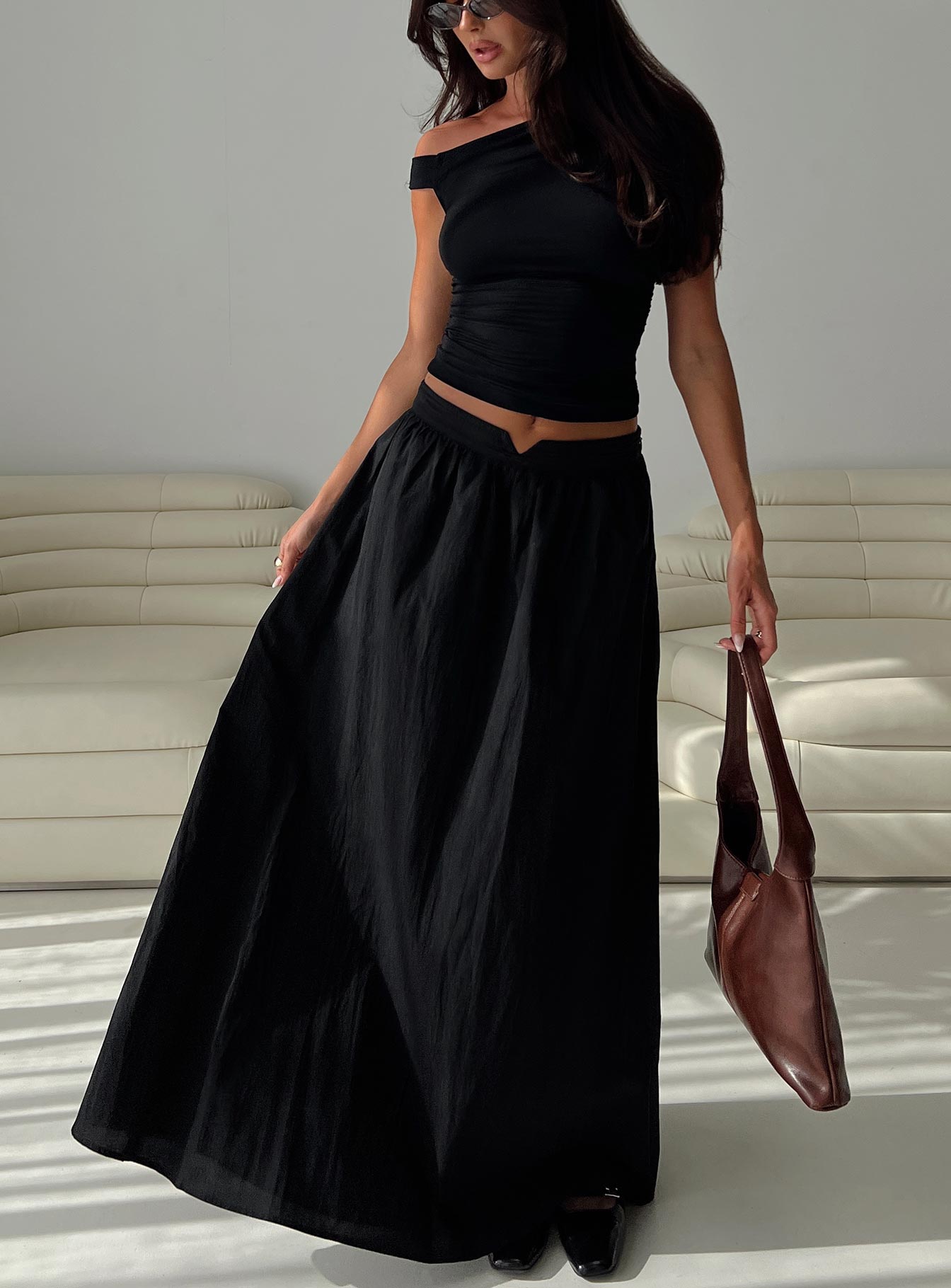 Rennata Gathered Mid Rise Maxi Skirt Black、mySite、solidvoid