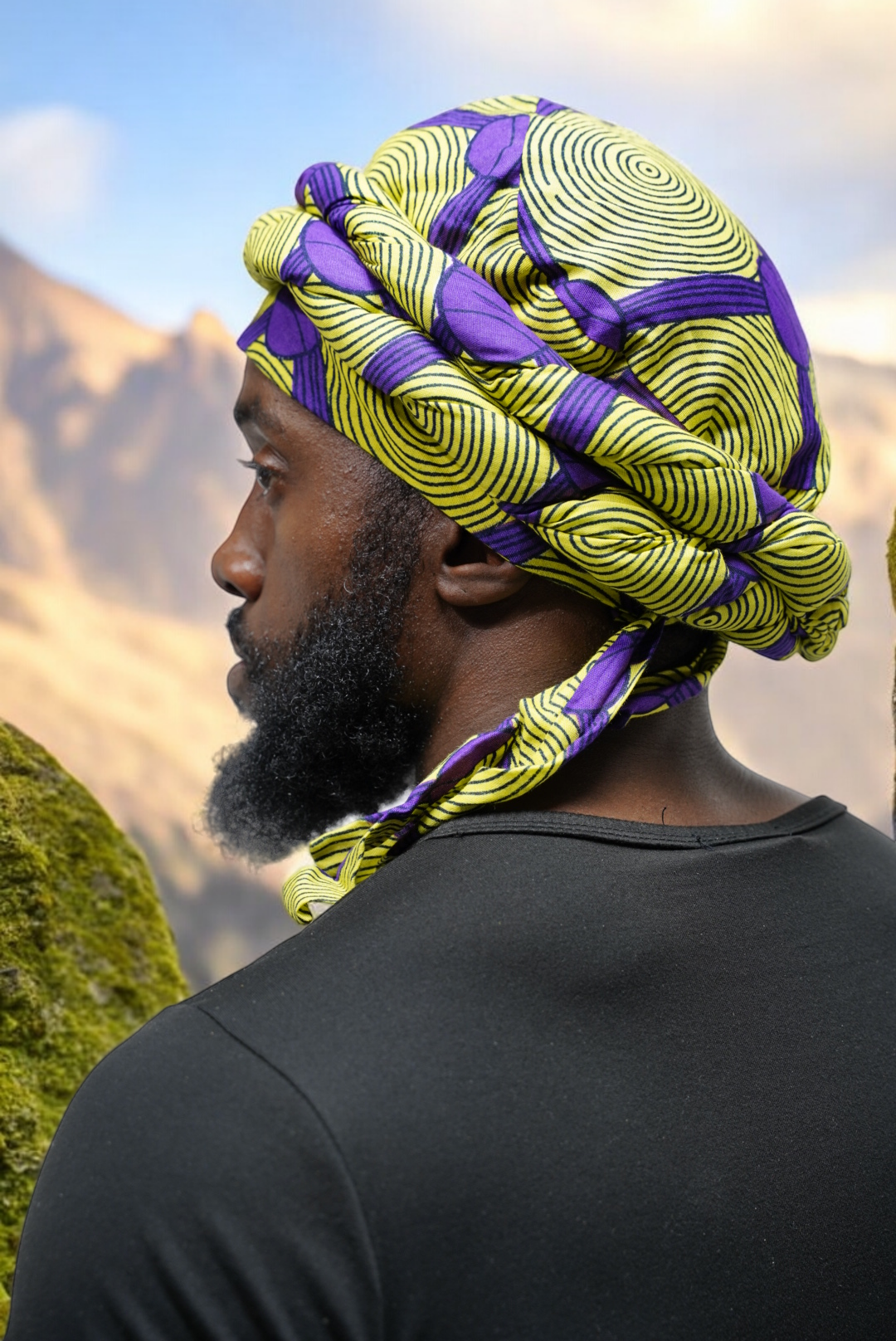 Dupsie's Pre-wrapped Okiki Purple and Yellow African Print Turban DPH3775PT、mySite、solidvoid