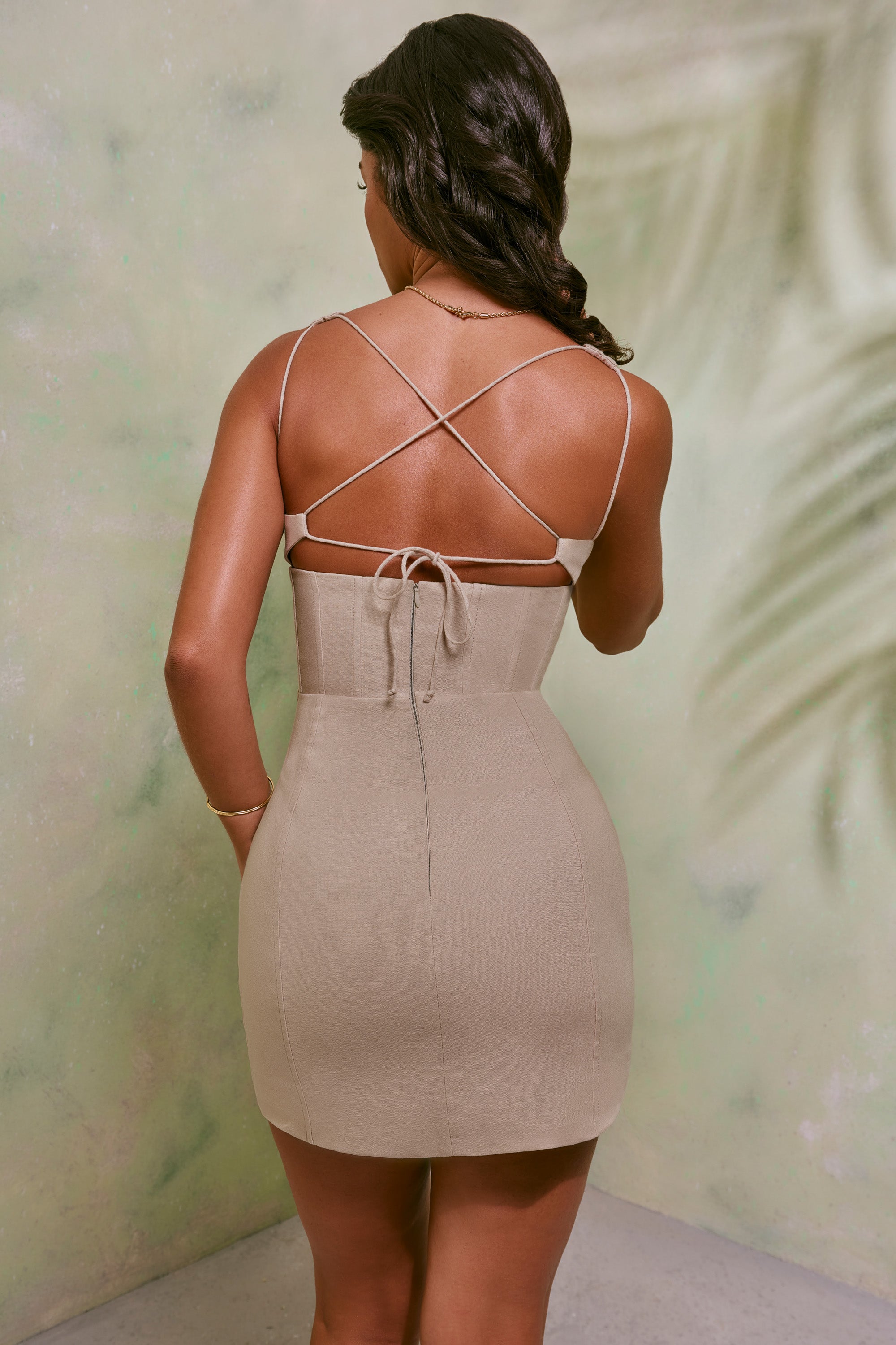  Lace Up Back Linen Mini Dress in Sand、mySite、sugarbowlscore