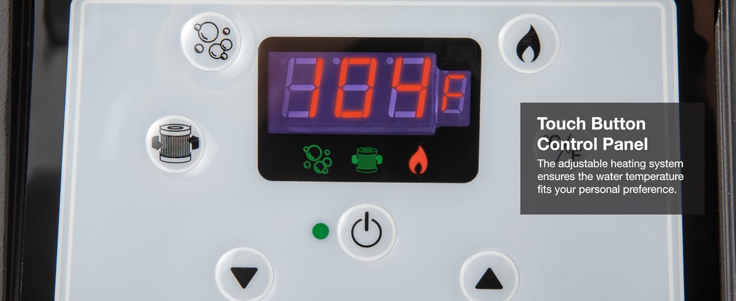 Touch panel showing 104掳F with icons for heat, bubbles, filter, and temperature adjustment.
