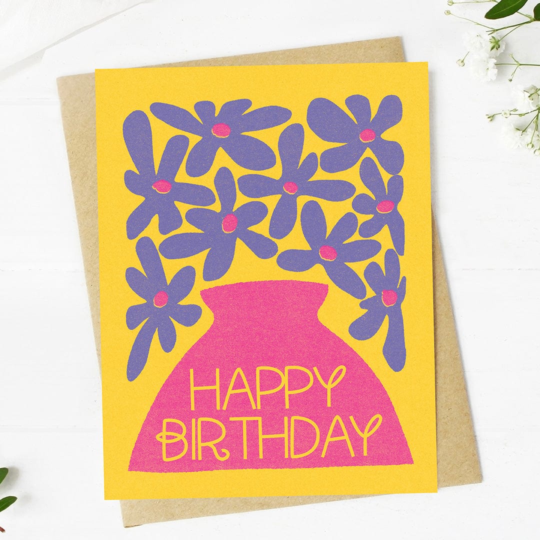  Happy Birthday Purple Flowers Pink Vase Abstract Card、mySite、ghnorth