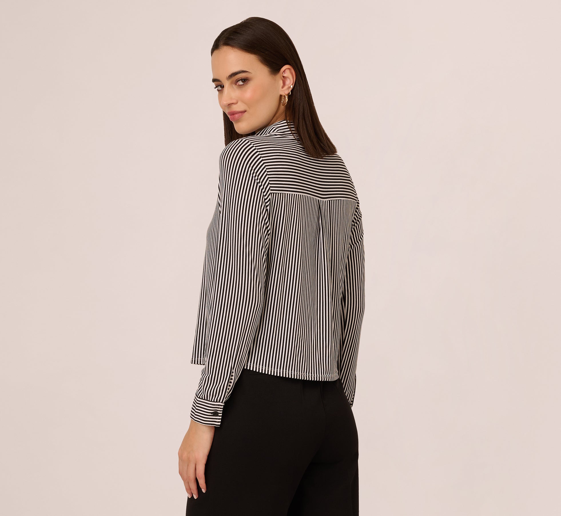 Long Sleeve Cropped Striped Blouse In Black Ivory Small Stripe、mySite、solidvoid
