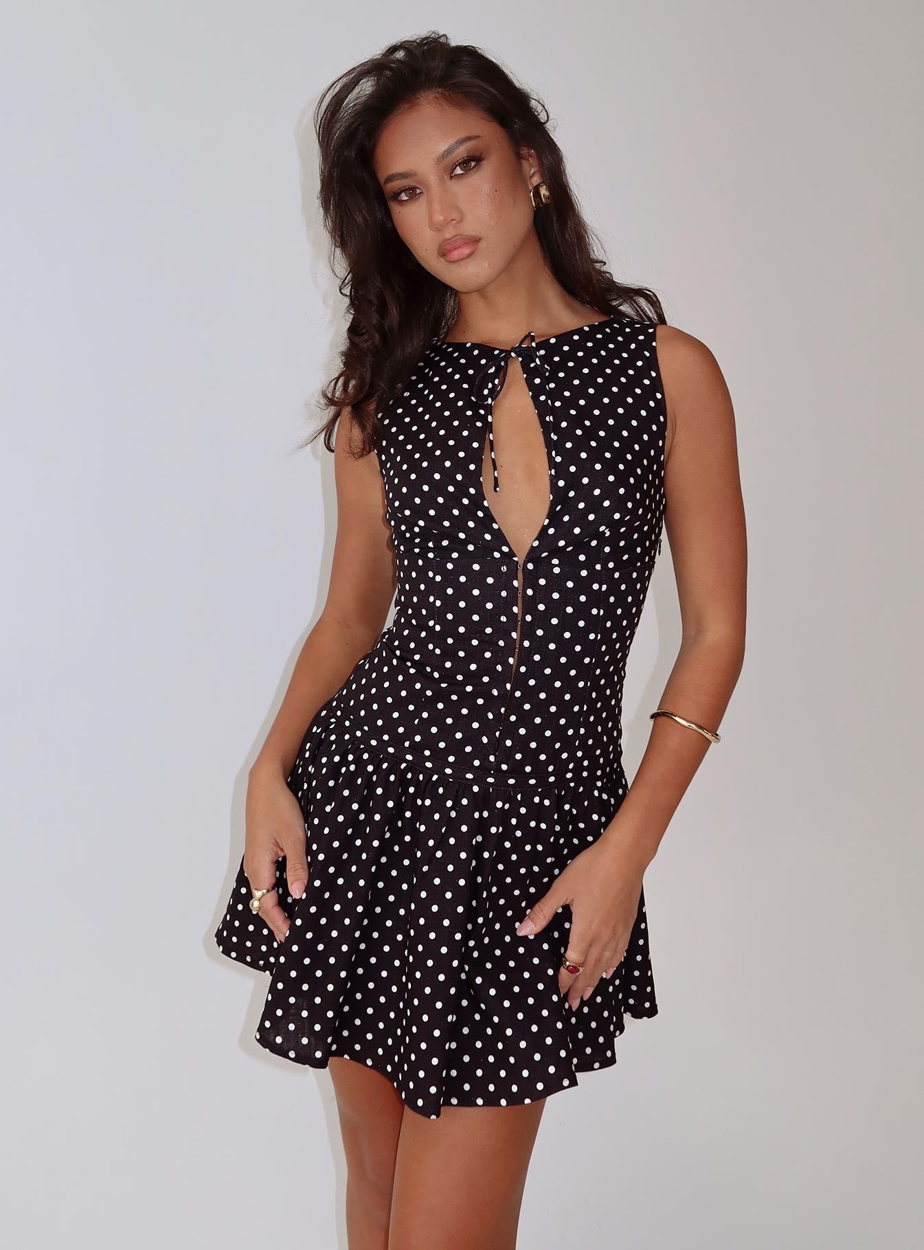 Alissea Keyhole Linen Blend Mini Dress Black Polka、mySite、solidvoid