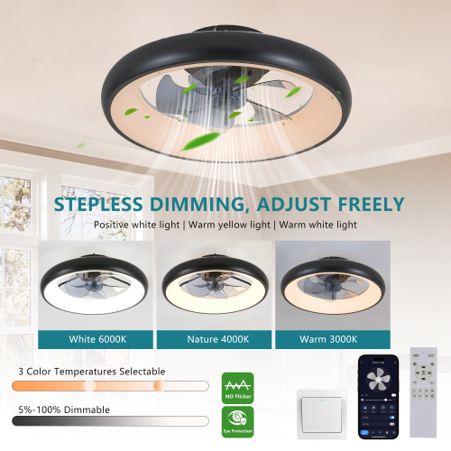 20" Black LED Ceiling Fan Light – Dimmable & Adjustable Color Temperature, APP & Remote Control, Modern Smart Ceiling Fan for Living Room, Bedroom, and Dining Room (Silent/6-Speed/Reversible/DC Motor)、、eastwooduniform