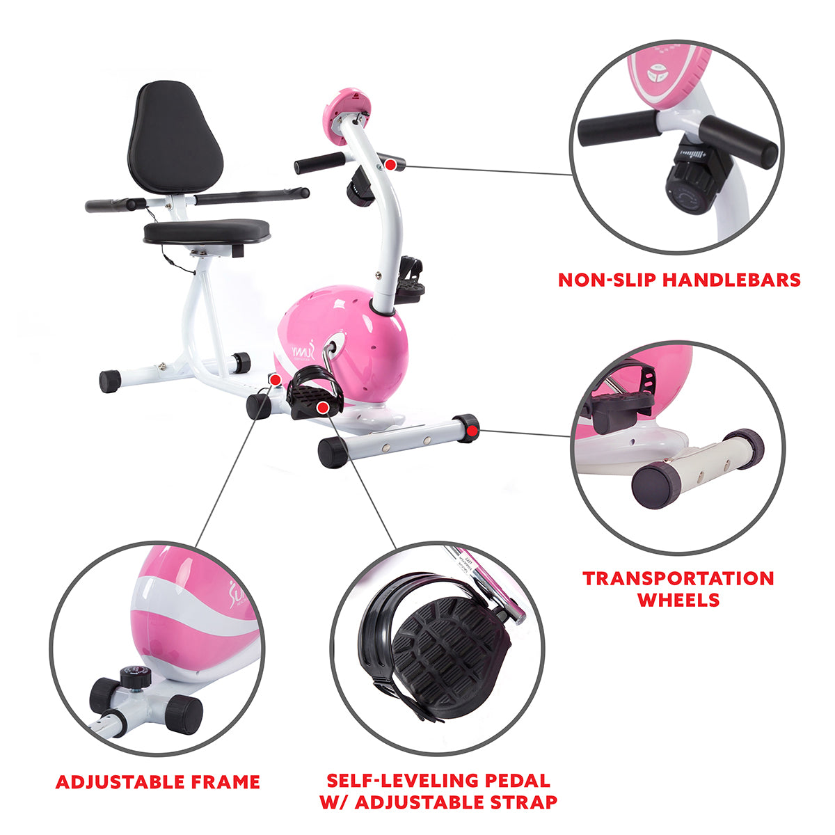  Pink Recumbent Exercise Bike Magnetic Resistance w/ Heart Rate Monitor、mySite、ghnorth