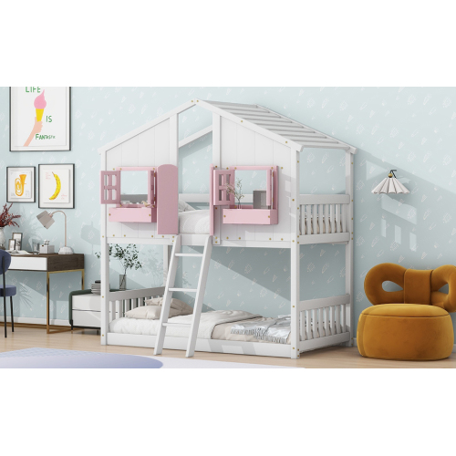 Twin over Twin House Bunk Bed with Roof , Window, Window Box, Door , with Safety Guardrails and Ladder,White、、casual