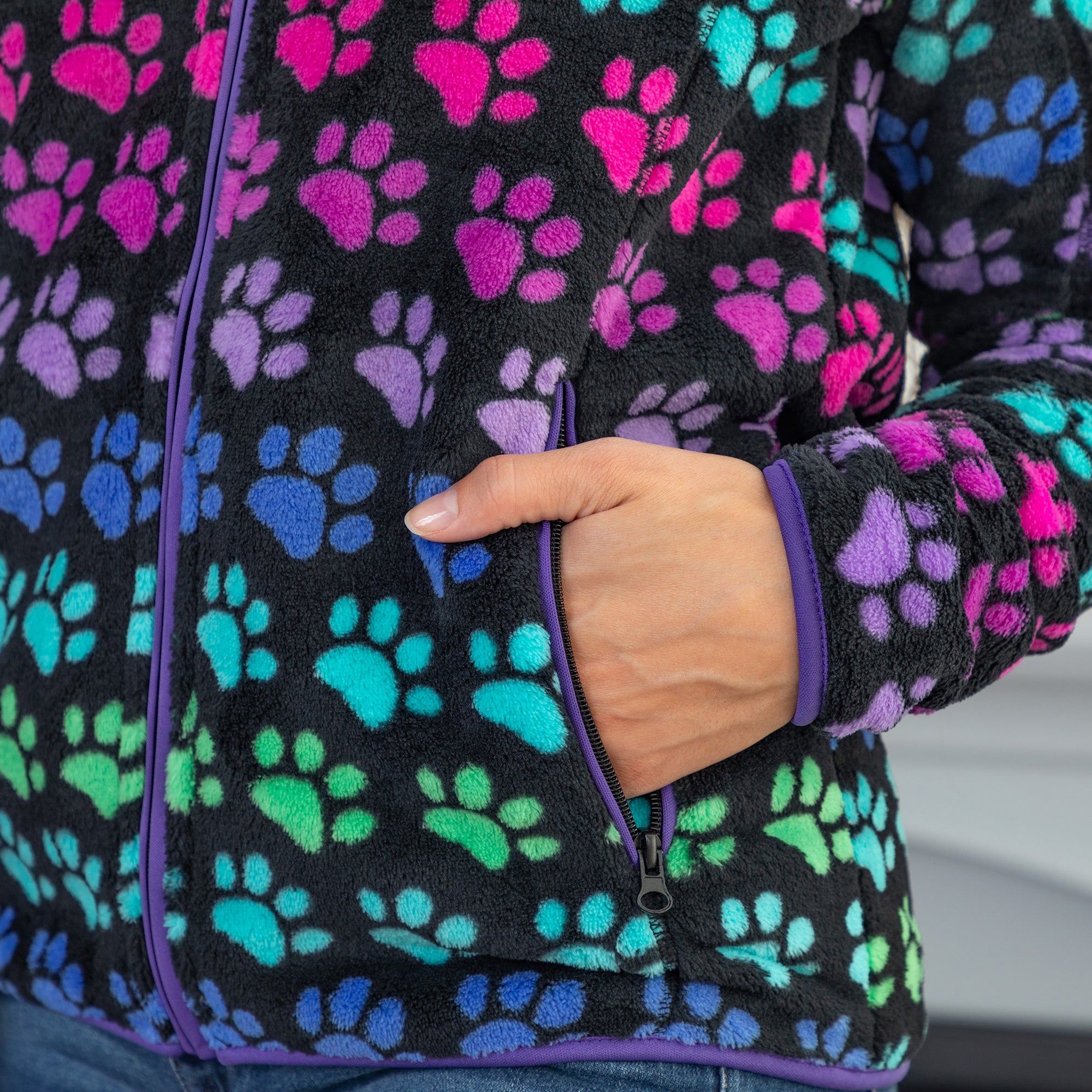 Printed Paws Fleece Trimmed Zippered Jacket、mySite、camillekostekn