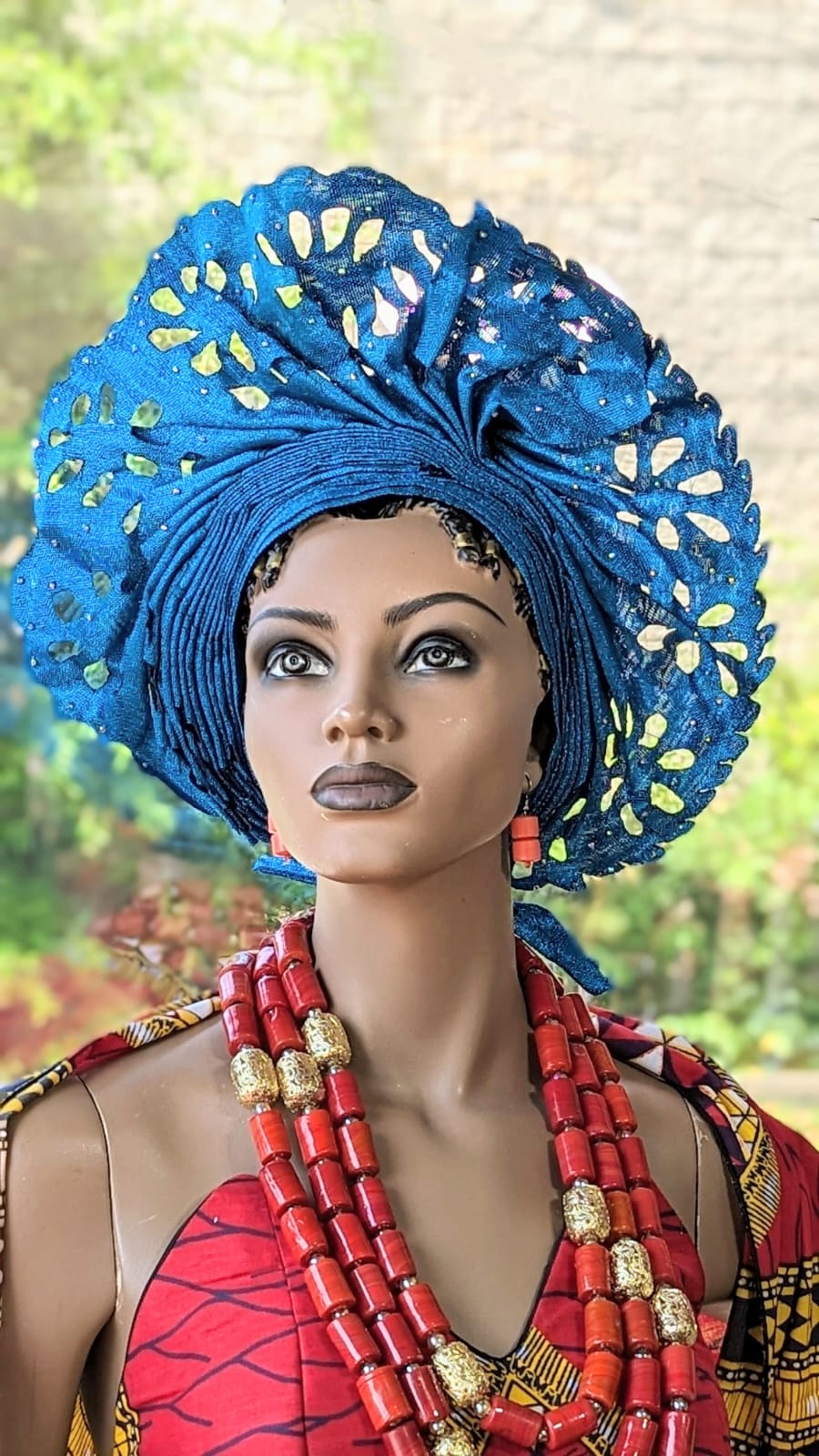 Karra Turquoise-Blue African Aso Oke Head Tie Lazercut Autogele pre-tied head wrap-DPAGTB5、mySite、solidvoid