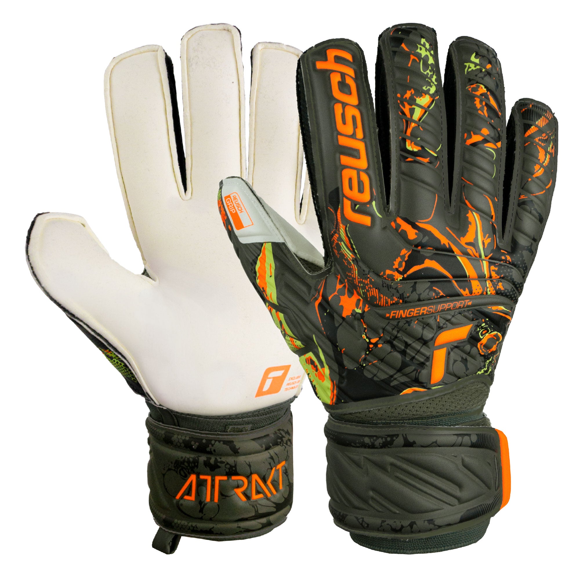 Reusch Men's Attrakt Grip Fingersave Goalkeeper Gloves Green/Orange、mySite、bottomscart