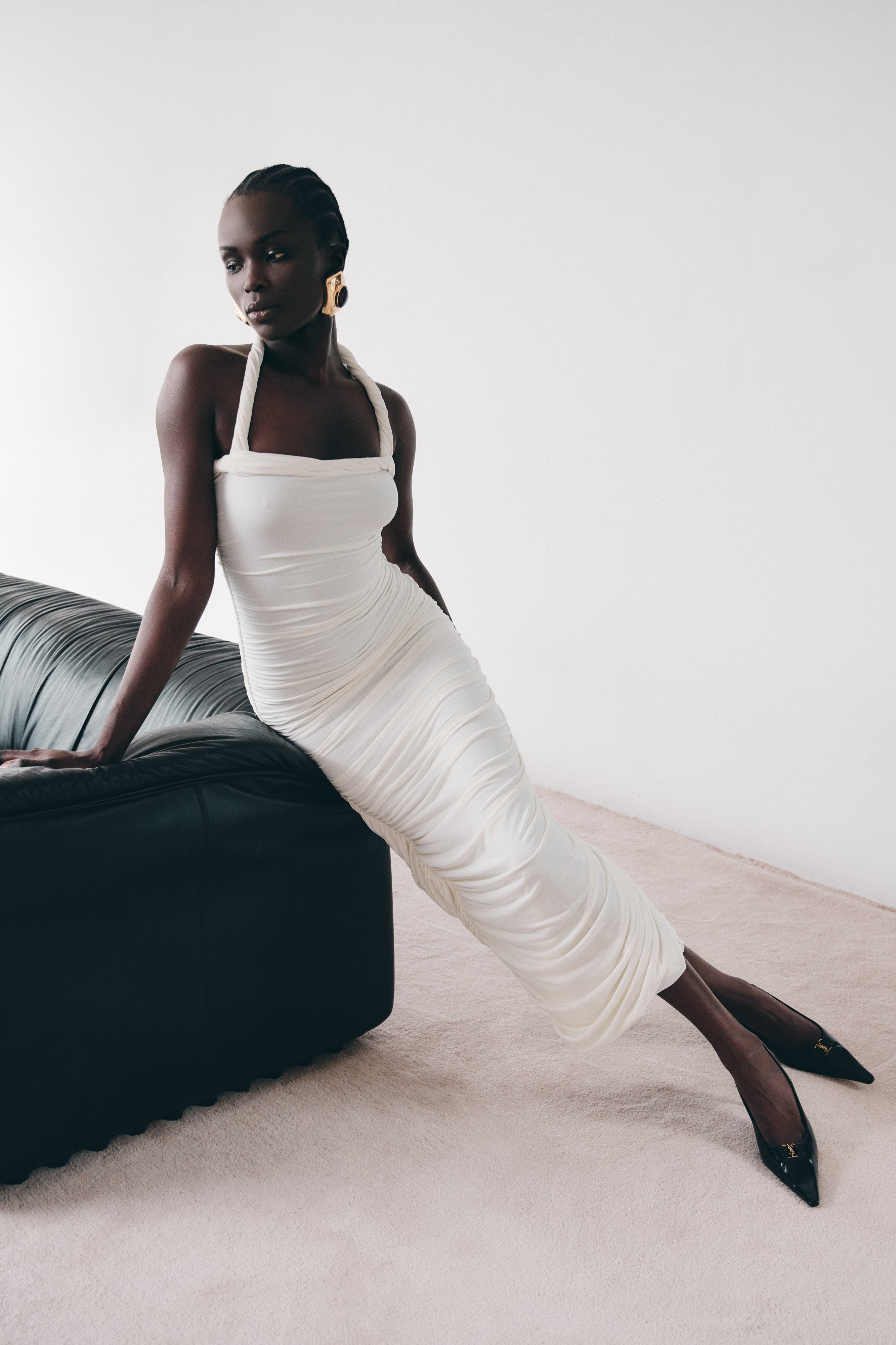 Camila Ruched Halter Midi Dress - Ivory、mySite、solidvoid