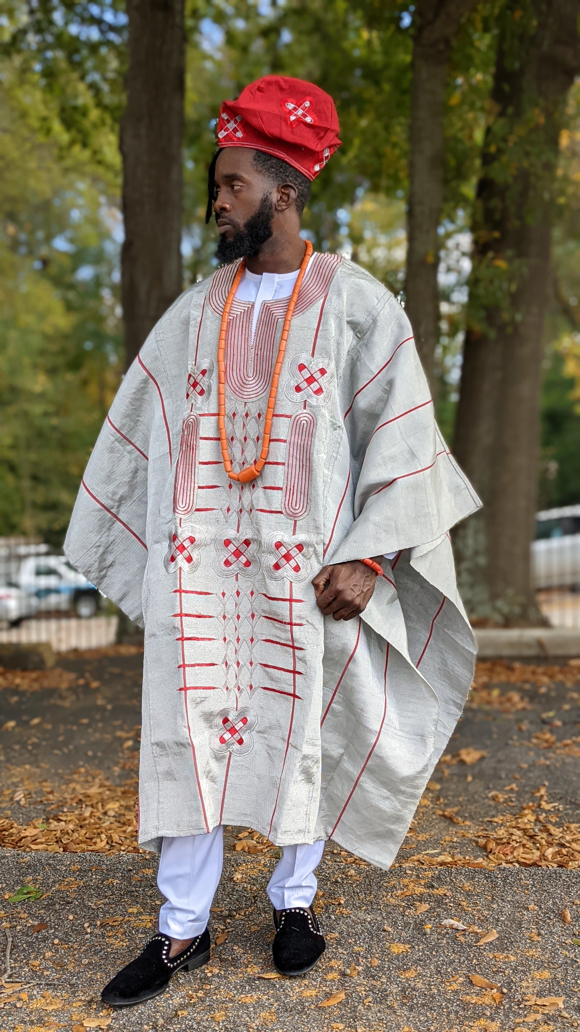 Adejobi Grey and Red Aso Oke Grand boubou African Agbada Robe - DPAGR20、mySite、solidvoid