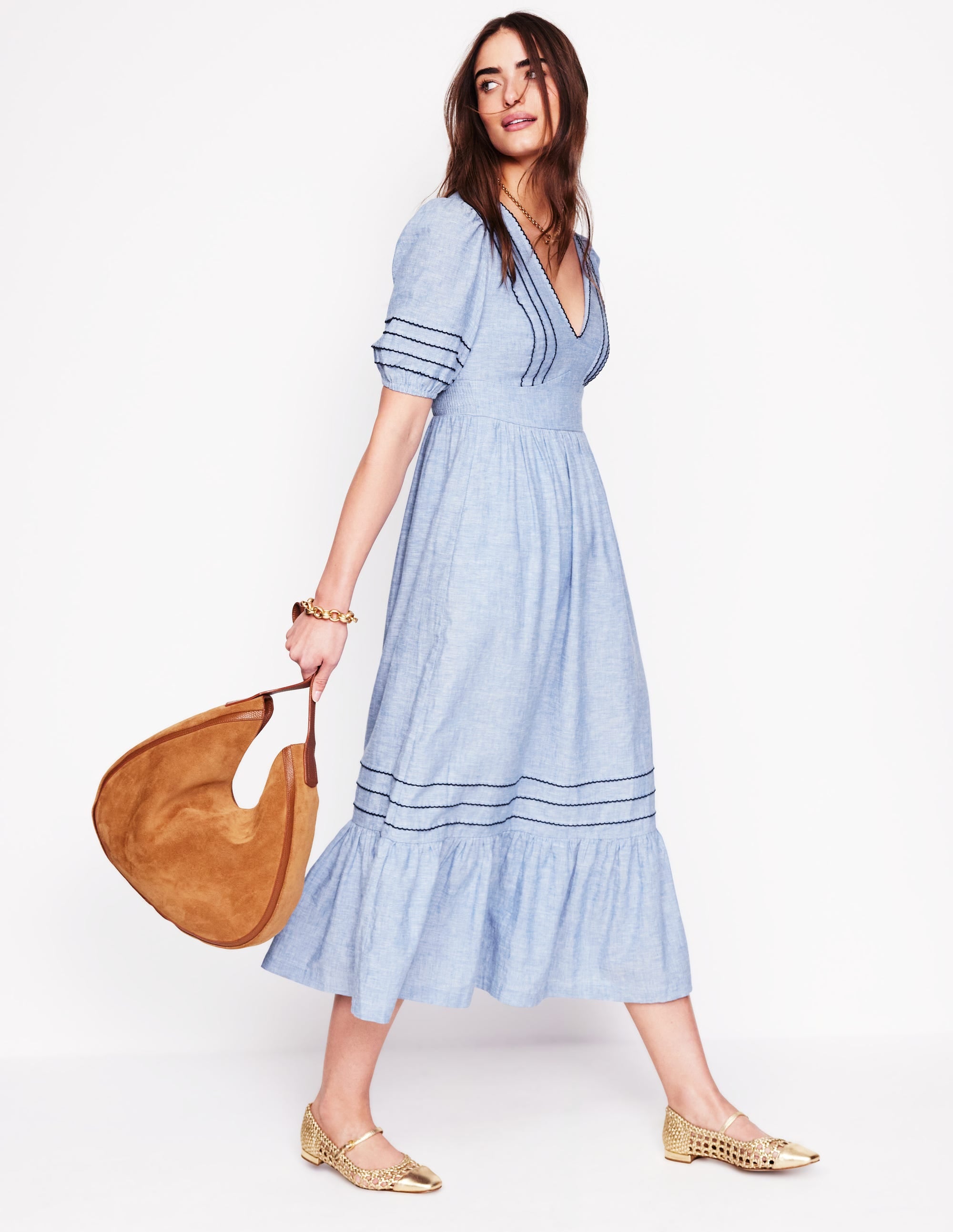  Smocked Waist Linen Dress-Grey Blue Chambray、mySite、ashleygrahame