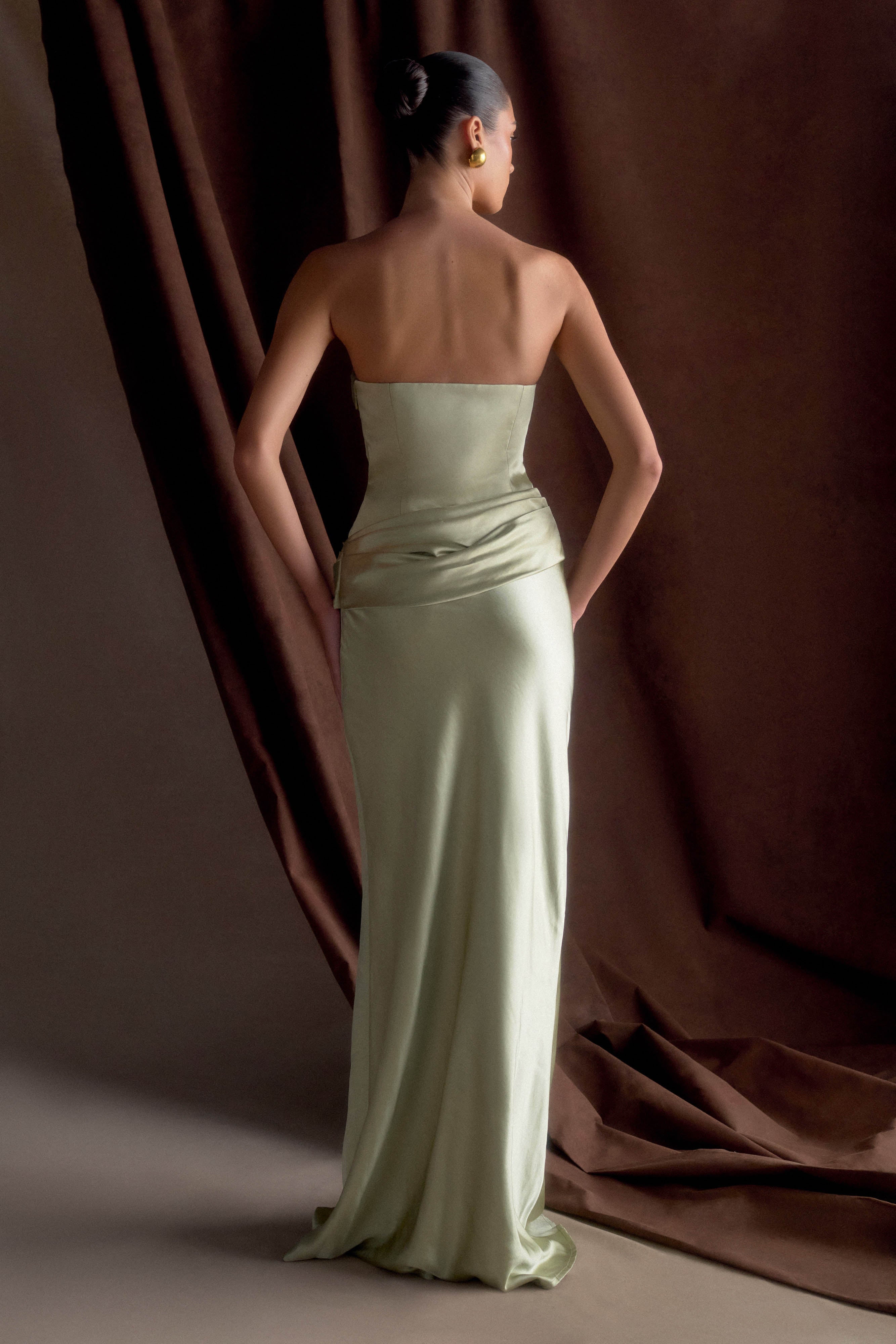 Jasmine Strapless Satin Maxi Dress - Sage、mySite、solidvoid