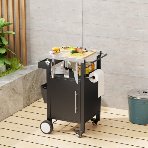 Two Doors Outdoor Grill Cart with Patio Furniture, Outdoor Grill Table with Storage,Rolling Bar Cart Outdoor BBQ Cart with Hooks and Spice Rack for Grilling Accessories, Black、、eastwooduniform