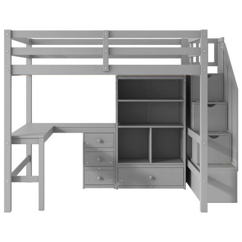 Twin Size Loft Bed with L-Shaped Desk and Drawers, Cabinet and Storage Staircase, White、、casual
