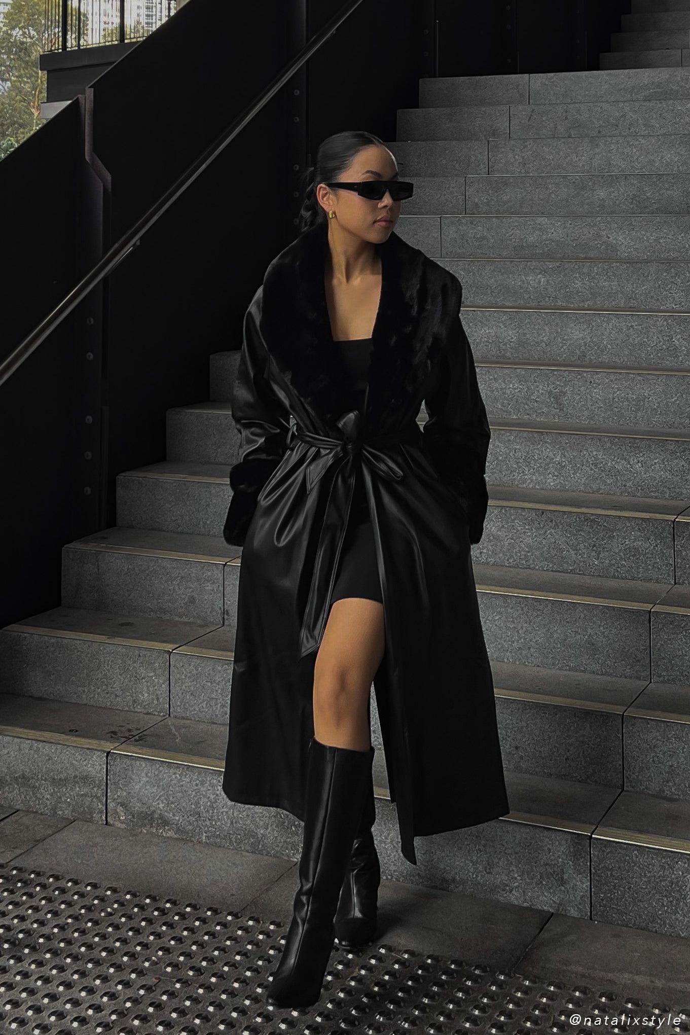 Rebekah Oversized Pu Trench Coat With Fur Trim - Black、mySite、solidvoid
