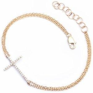 Gold 14K and Diamond Sideways Cross Jewelry, Bracelet Double Strand 14K Yellow Gold、mySite、g9winljtr