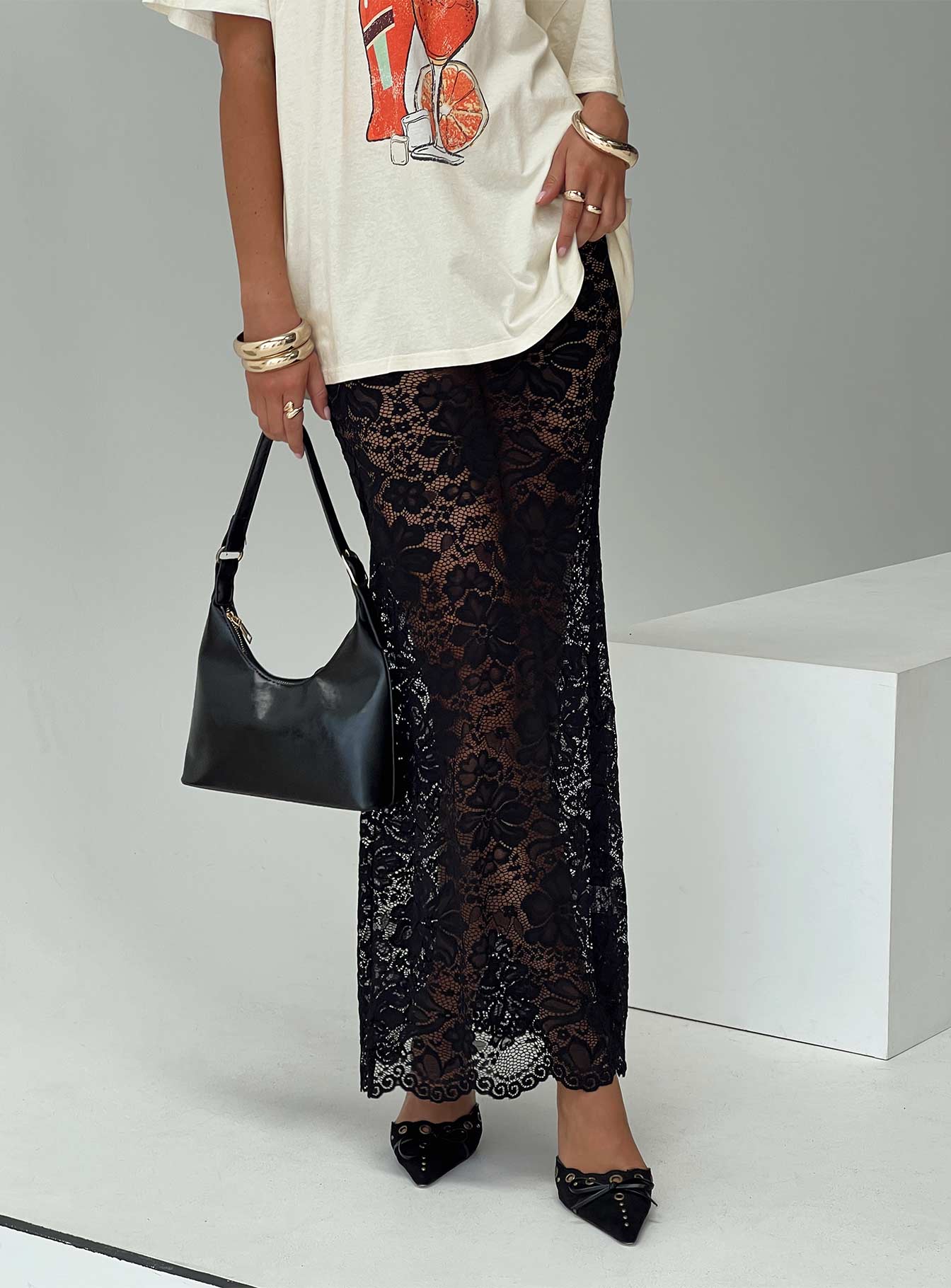 Lombardio Lace Maxi Skirt Black、mySite、solidvoid
