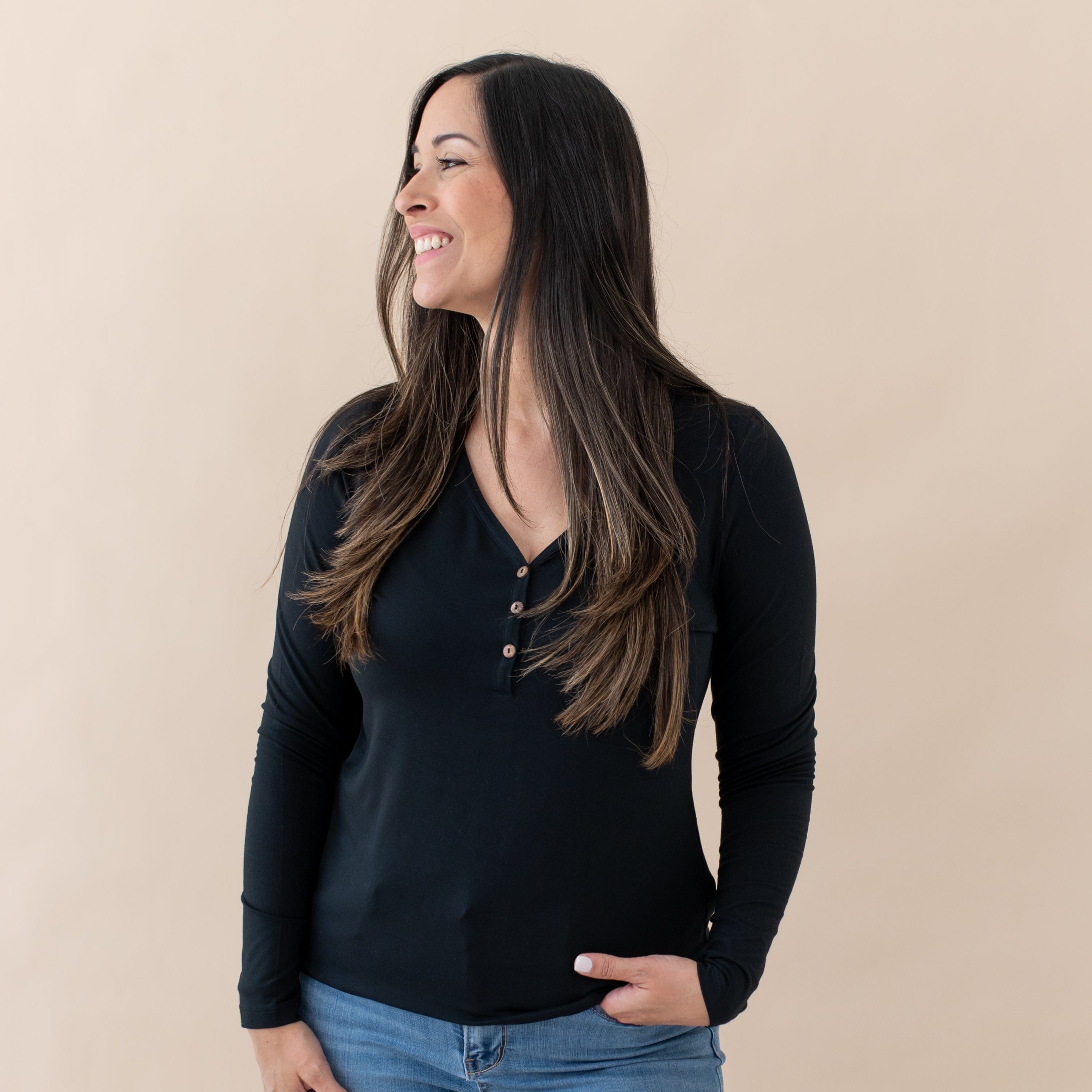  Women's Long Sleeve Henley Tee in Midnight、mySite、layawaytickets