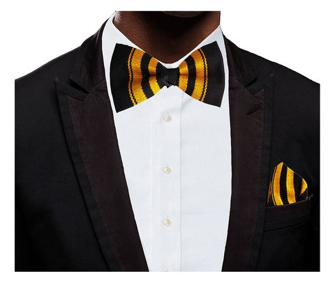 Black and Gold Handwoven Kente Bow Tie with Pocket Triangle、mySite、solidvoid