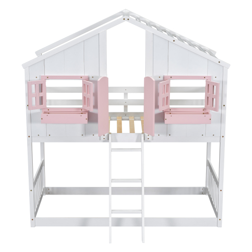 Twin over Twin House Bunk Bed with Roof , Window, Window Box, Door , with Safety Guardrails and Ladder,White、、casual