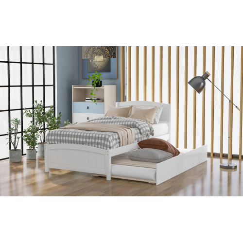 Twin size Platform Bed with Trundle, White、、casual
