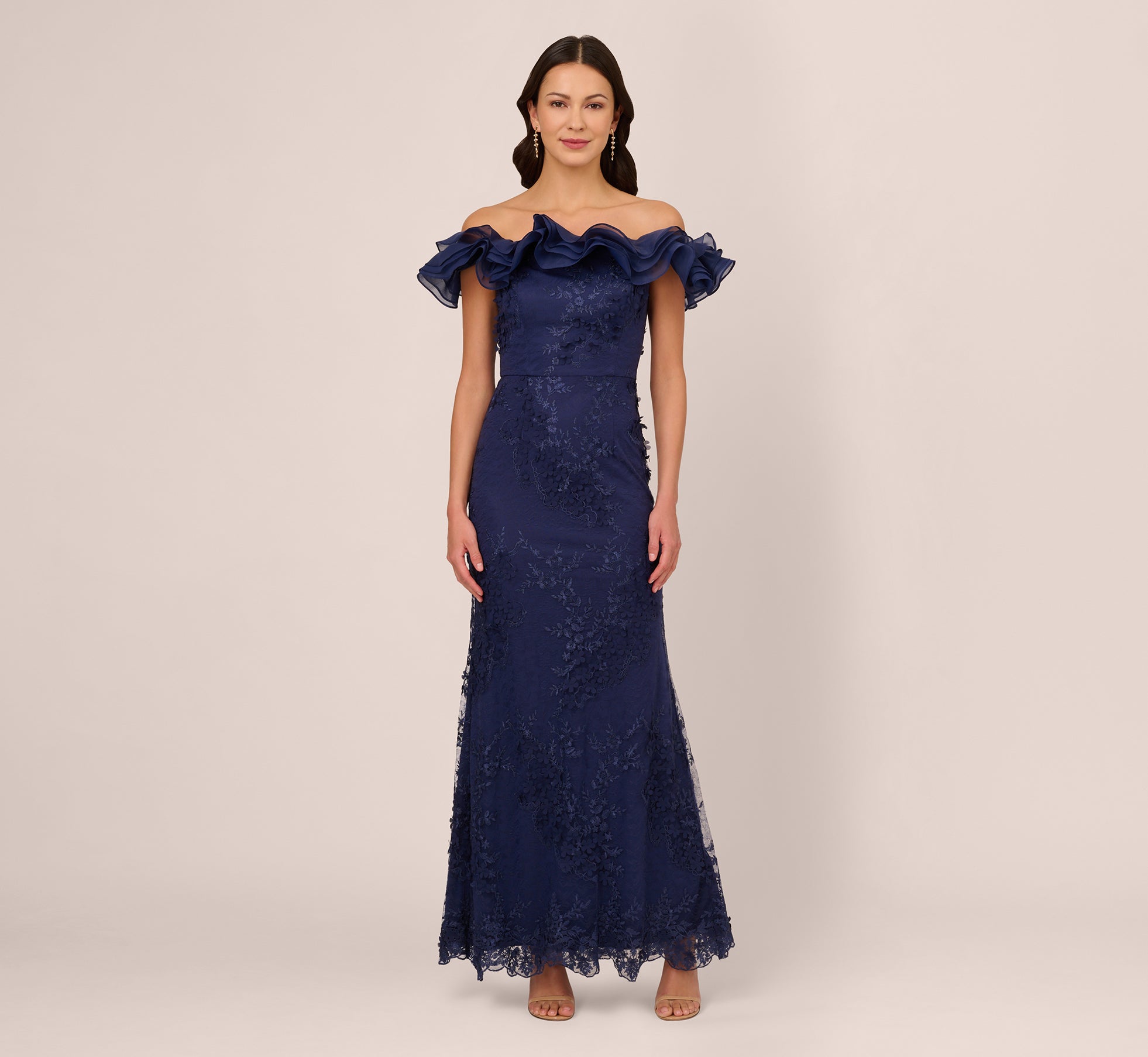 Ruffle Off The Shoulder Floral Lace Gown In Light Navy、mySite、solidvoid