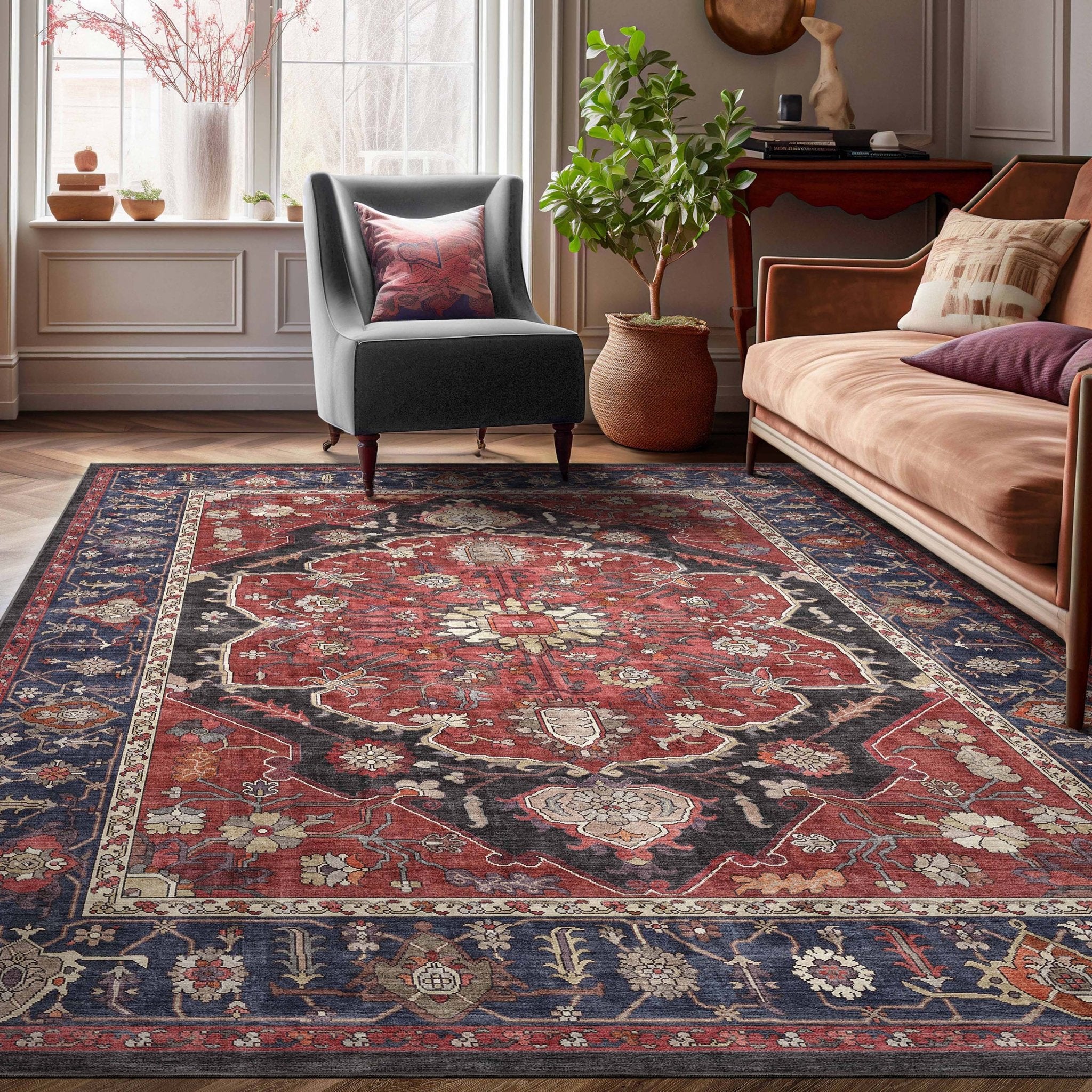 Jaipur Vintage Medallion Botanical Red Rug – Easy Clean, Stylish Elegant Design、mySite、gigharbornorthrealestate