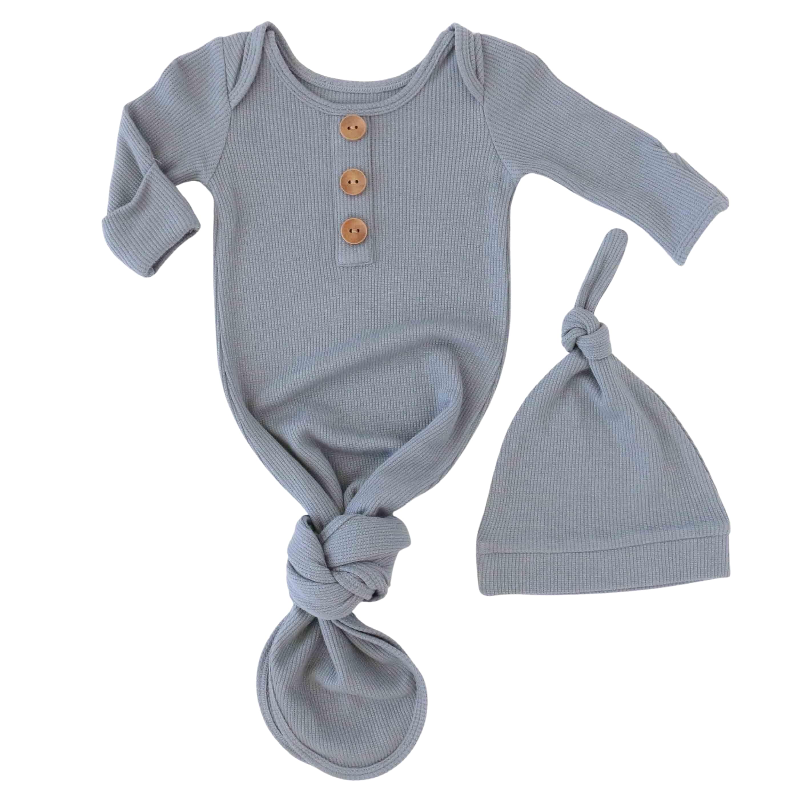 Dusty Denim Bamboo Waffle Newborn Baby Knot Gown & Hat Set、mySite、layawaytickets