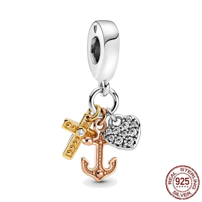 Cross, Anchor, Heart Tri-Color Charm Pandora Style Sterling Silver Christian Bracelet、mySite、g9winljtr