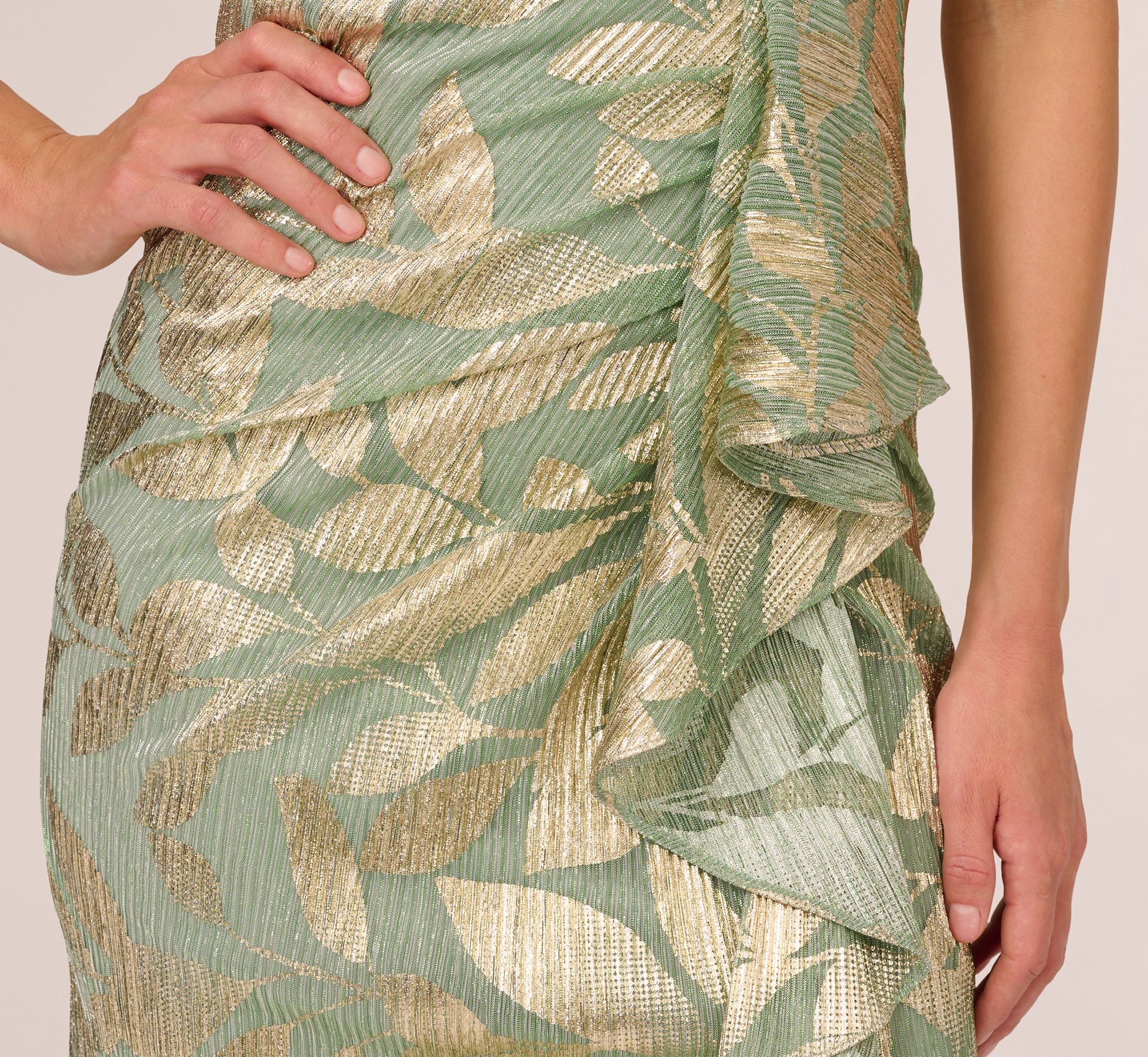 Foil Printed Asymmetric Gown With Ruffled Detail In Sage Gold、mySite、solidvoid