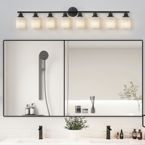 52" Modern 8-Light Vanity Wall Sconce, Golden Finish with Frosted Glass Shades for Bathroom or Hallway Lighting (No Bulbs)、、eastwooduniform