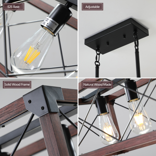 (Same as W1340P155968/L1011-RW) 32" Red Wood Industrial Farmhouse Rectangle Pendant Light, 5-Light Chandelier for Dining Room, Kitchen Island, Cafe Decor (No Bulbs)、、eastwooduniform