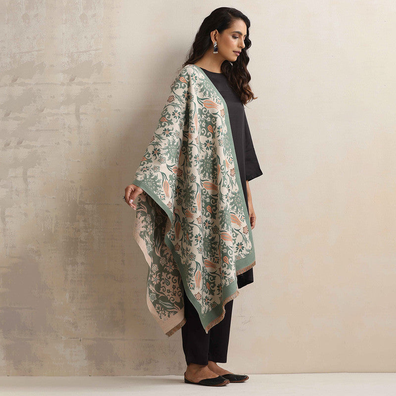 Woolen Reversible Stole | Floral Print | Green、mySite、camillekostekn