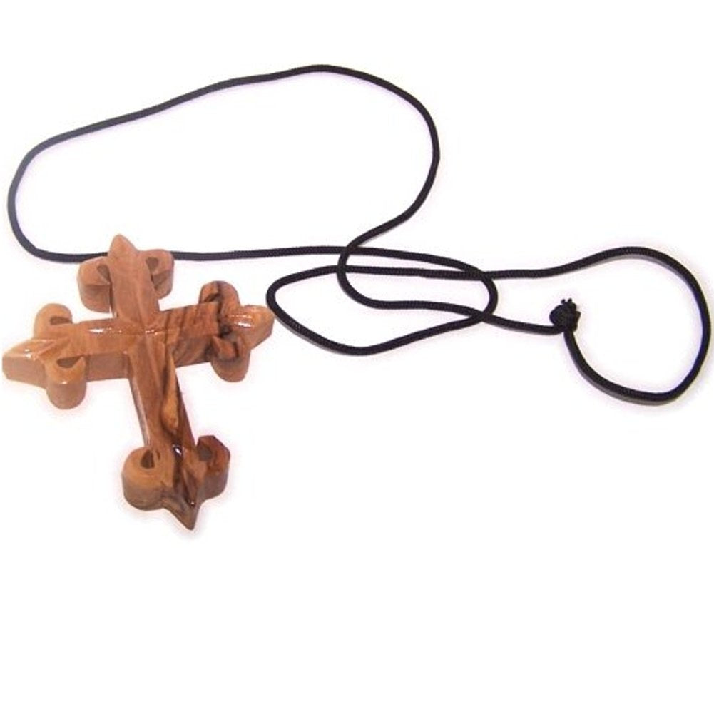 Very Thick hand carved olive wood Fleur-de-lis Cross - necklace - (2.8x2.4x.5 inches) with Certificate、mySite、topwebapps